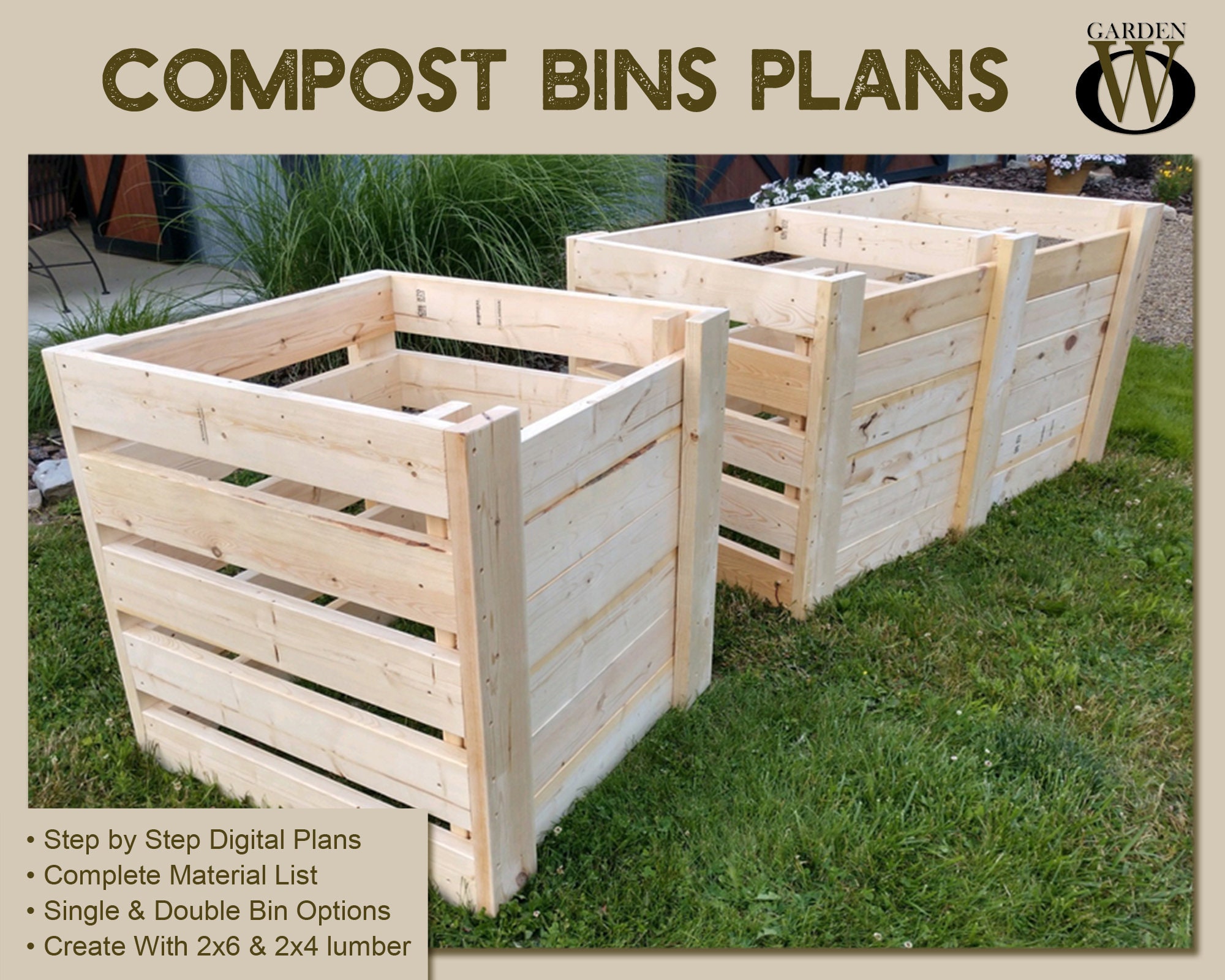 DIY Single & Double Compost Bin Plans With Adjustable Front Slats 