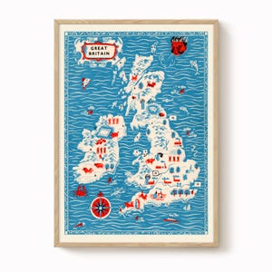 impression de carte picturale de Grande-Bretagne vintage - art des années 1950, décoration murale rétro, affiche de carte britannique unique, art de la carte du milieu du siècle, art éclectique