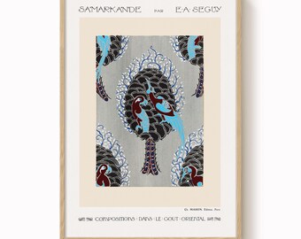 May include: Framed art print with a tree and bird design. The artwork has a beige background with a central rectangular image. The image shows a repeating pattern of trees in black, blue, and maroon against a gray backdrop. Text at the top reads "SAMARCANDE PAR E.A. SEGUY".