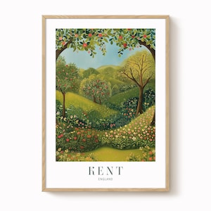 Kent Print, Kent, Anglia, sztuka podróżnicza, Kent wydruk podróżniczy, Kent dzieło sztuki, sady jabłkowe, dekoracja ścienna, wydrukowane ogłoszenie, Kent wydruk ścienny, rustykalny