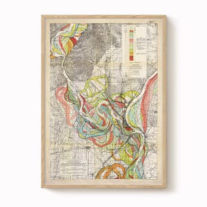 Impresión de mapa de Harold Fisk - Hoja 1: Cairo, IL a Commerce, MO, mapa del meandro del río Misisipi, restauración antigua, carta fluvial antigua,