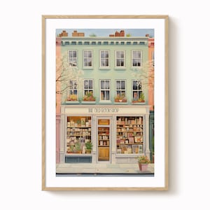 Boekwinkelprint, oude boekhandel, reiskunst, boekenliefhebber, vintage geïnspireerde kunstwerken, wanddecoratie, gedrukt gepost, antieke boekhandel, eclectische kunst