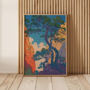 Peut inclure: Une impression d'art encadrée représentant un paysage stylisé avec un grand arbre et un paysage de montagne. L'œuvre utilise une palette de bleus, de verts, d'oranges et de violets. L'impression est dans un cadre en bois.