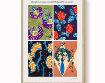 Könnte beinhalten: Ein gerahmter Kunstdruck mit vier farbenfrohen floralen Designs. Das obere linke Feld zeigt lila und gelbe Blumen auf grünem Hintergrund. Das obere rechte Feld zeigt rote Blumen mit blauen Blättern auf dunkelblauem Hintergrund. Die unteren Felder zeigen orangefarbene und blaue Blumenmuster.