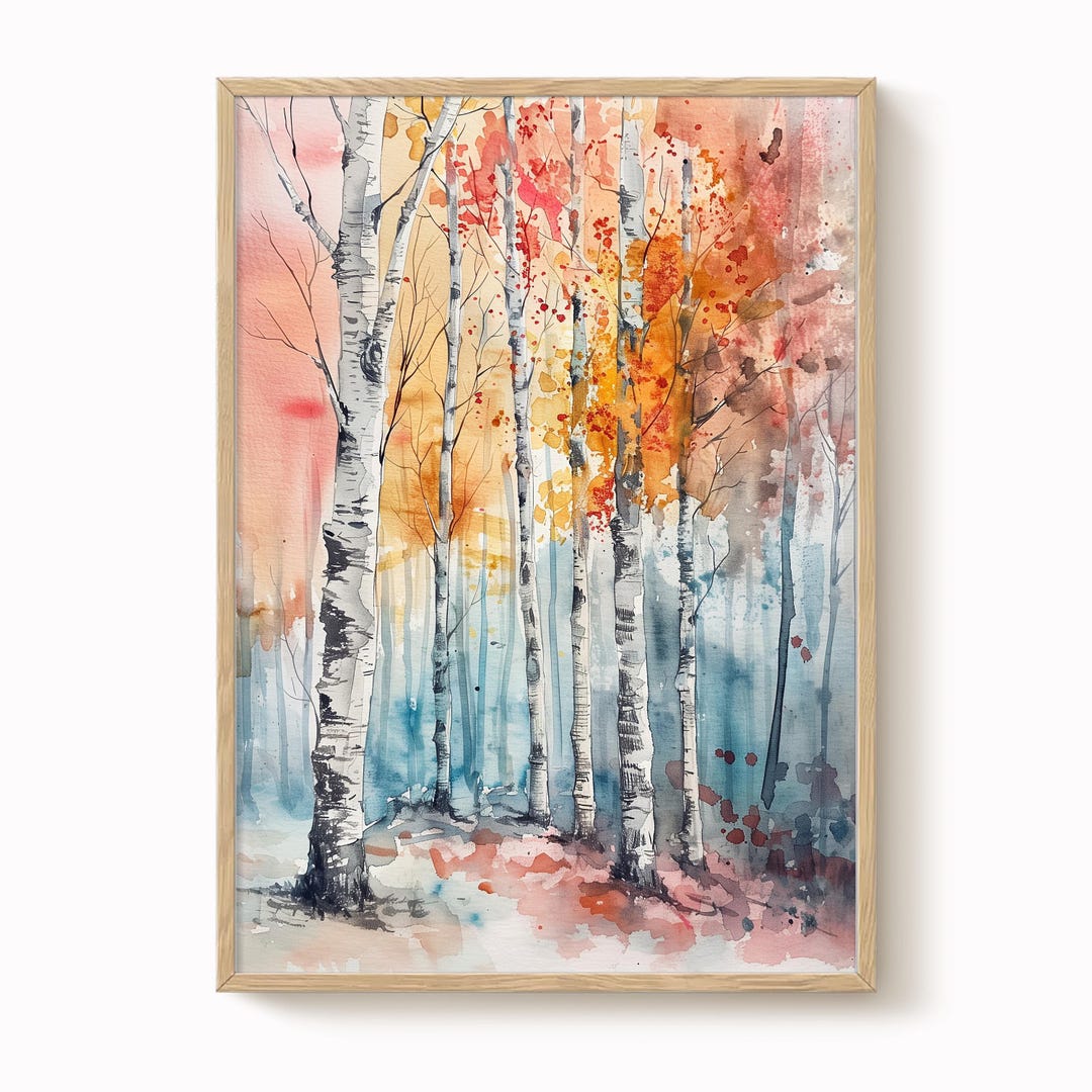 Autumn Birch Trees Watercolor Art Print: Landscape Wall Decor - Etsy