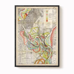 Harold Fisk Map Print – Sheet 1: Cairo, IL to Commerce, MO, Mississippi River Meander Map, Vintage Restoration, Antique River Chart,