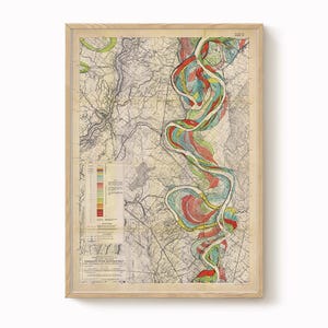Impresión de mapa de Harold Fisk – Hoja 14: Donaldsonville a Baton Rouge, LA, mapa del meandro del río Misisipi, restauración antigua, carta fluvial,