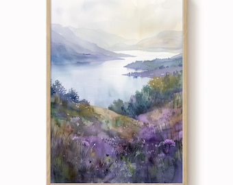 May include: A watercolour print of a tranquil lake scene, framed in natural wood. The artwork depicts mountains and a lake in shades of blue and purple. The foreground features purple wildflowers and green foliage, creating a peaceful landscape.