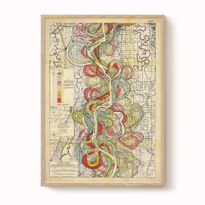 Impresión de mapa de Harold Fisk – Hoja 9: Greenville, MS a Vicksburg, MS, mapa del meandro del río Misisipi, restauración antigua, carta fluvial antigua,