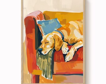 Golden Labrador Dog Print: Sleeping Puppy Gouache Art