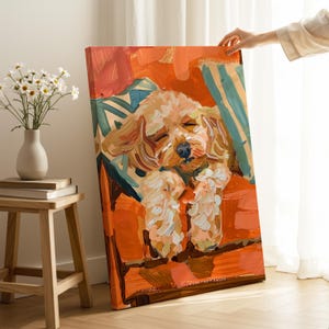 Lienzo de un cockapoo durmiendo - Pintura moderna de perro en gouache
