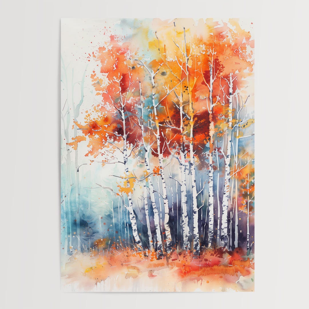 Autumn Birch Trees Watercolor Art Print: Landscape Wall Decor - Etsy