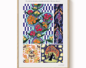 Könnte beinhalten: Ein gerahmter Kunstdruck mit floralen Designs und dem Text "FLOREAL DESSINS & COLORIS NOUVEAUX PAR E.A. SEGUY". Der Druck zeigt farbenfrohe botanische Muster, darunter stilisierte Blumen und Blätter, mit einem Holzrahmen.