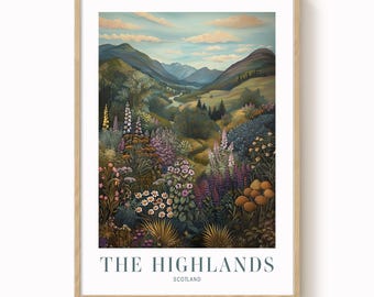 Puede incluir: Una impresión enmarcada de un paisaje escocés. La obra de arte muestra un valle con un río, vegetación exuberante y montañas bajo un cielo azul. El texto "THE HIGHLANDS SCOTLAND" está en la parte inferior.