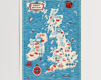May include: A vintage-style map of Great Britain, featuring a blue and white color scheme. The map includes illustrations of landmarks, animals, and nautical elements. The words "GREAT BRITAIN" are in a red banner at the top.