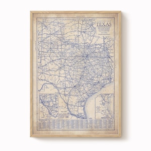 Carte du Texas, carte vintage du Texas, art mural Texas, carte bleue vintage du Texas, affiche de carte, carte vintage, impression de carte ancienne, amateur d'histoire, carte de l'état
