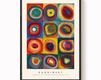May include: A framed art print featuring Wassily Kandinsky's 1913 painting, Squares with Concentric Rings. The artwork displays a grid of twelve squares, each containing multicolored concentric circles in vibrant hues of red, blue, yellow, and green.