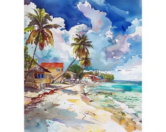 Impression aquarelle de la Barbade, aquarelle, impression d'art de la Barbade, impression aquarelle, art du paysage, décoration murale, imprimée et postée, art de la plage