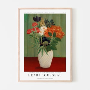 Estampado floral, póster de Henri Rousseau, flores en un jarrón, arte botánico, póster de exposición, gran milenio, floral vintage, arte vibrante