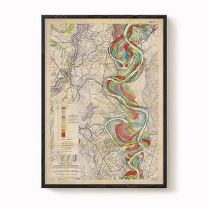 Harold Fisk Map Print – Sheet 14: Donaldsonville to Baton Rouge, LA, Mississippi River Meander Map, Vintage Restoration, River Chart,