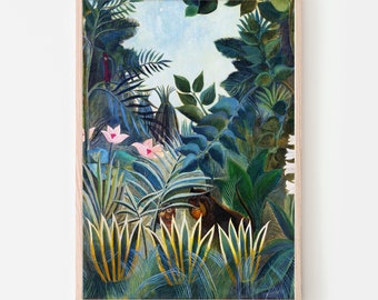 Maximalist print, Henri Rousseau poster,equatorial jungle, botanical art, exhibition poster, grand millenial, vintage floral, vibrant art