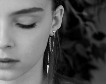 Sterling Silver Trendy Chain Earrings, Fashion Ear Jacket Earrings, Small Rectangular Stud with a Jacket Chain and Long Dangling Bar