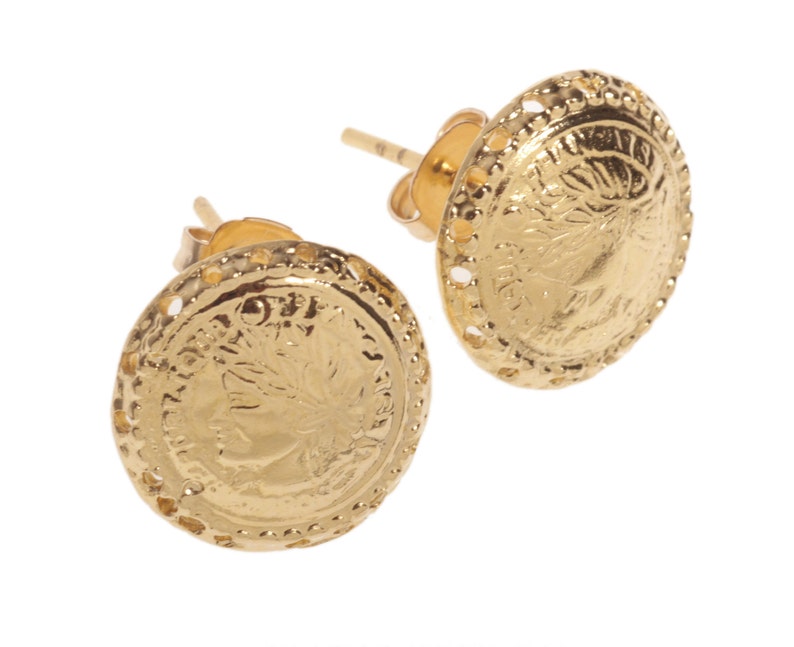 14 karat Gold Filled round Stud earrings with a French-woman imprint 14K Gold plated round Stud earrings with a French-woman imprint