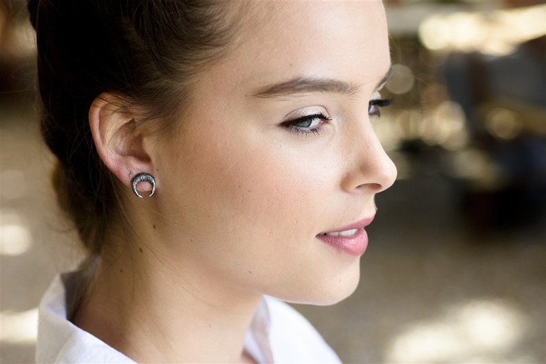 Horn Earrings Small Black Earrings Black Moon Earrings Tusk Oxidized Silver Stud Earrings Black Silver Earrings Crescent Moon Earrings