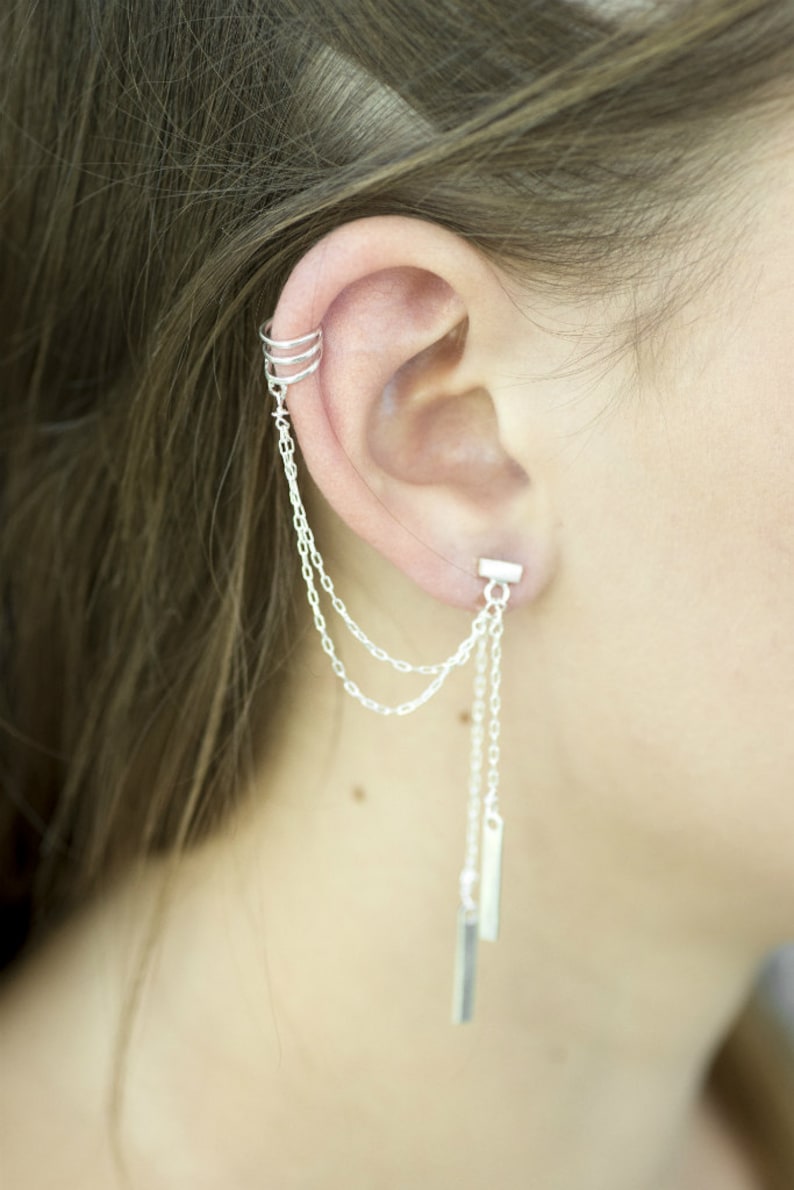 Silver Ear Cuff Chains Ear Cuff Earring Rectangular Double Etsy