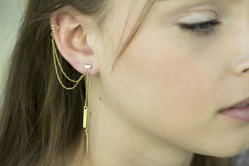 Chains Ear Cuff Earring Rectangular Double Chain Drop Bar Etsy