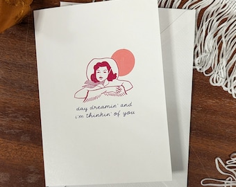 Day dreamin' and I'm thinkin' of you - cowgirl illustration - Valentine's Day - Anniversary - love card - blank inside