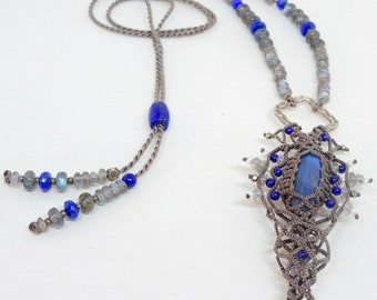 blue bird , labradorite and lapis 3d macrame necklace