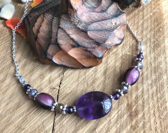 Amethyst Beaded Necklace: Czech Glass & Silver Chain, February Birthstone