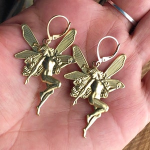 Gold Fairy Earrings: Brass Faerie Charm, Fantasy Jewelry