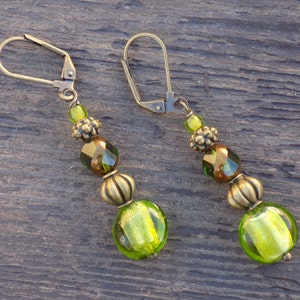 Green glass earrings, vintage bead earrings,  free shipping, gift for her, spring jewelry