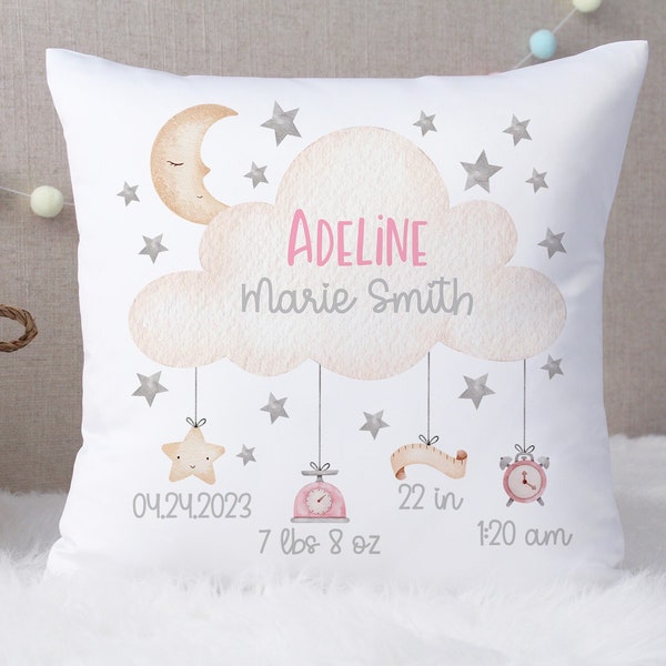 Moon and Stars Girl Birth Announcement Pillow, Girl Baby Stats Pillow, Moon and Stars Nursery Decor, Baby Girl Personalized Pillow Keepsake