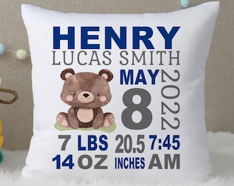 Little Bear Baby Boy Birth Stat Pillow, Birth Announcement Pillow, New Baby Boy Gift, Baby Bear Nursery Decor, Baby Bear Boy Nursery