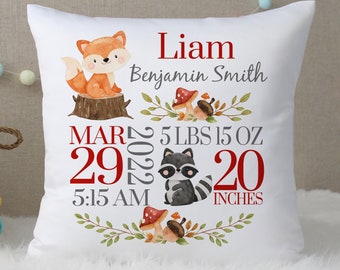 Woodland Baby Boy Birth Announcement Pillow, Baby Birth Stat Pillow, New Parents Gift, Woodland Nursery Decor,  Baby Boy Gift