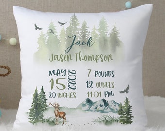 Forest Woodland Baby Birth Announcement Pillow, Baby Birth Stat Pillow, New Parents Gift, Forest Woodland Nursery Decor