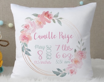 Pink Floral Baby Girl Birth Stat Pillow, New Baby Girl Announcement Gift, Baby Girl Nursery Decor Floral, Baby Girl Personalized Gift