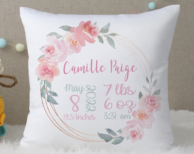 Pink Floral Baby Girl Birth Stat Pillow, New Baby Girl Announcement ...