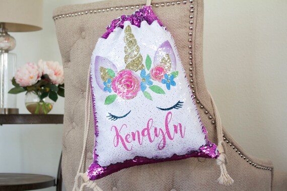 personalized unicorn drawstring sequin backpack