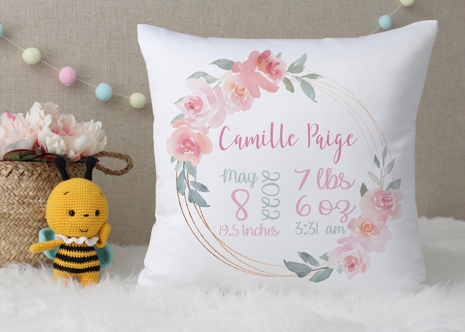 Pink Floral Baby Girl Birth Stat Pillow, New Baby Girl Announcement ...
