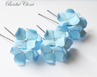 Bridal Hair Pins, Blue Hydrangea Flower Hair Pins, Bridesmaids Hair Pins, Something Blue Hair Pins, Hair Pins With Swarovski Rhinestones