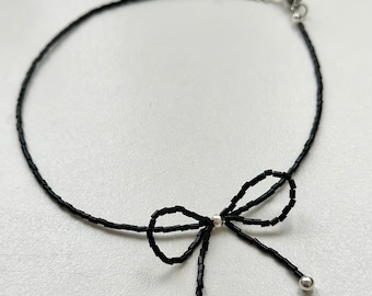 Beaded Bow Necklace, Bow Choker Necklace, Choker With Bow, Black Seed Bead Necklace, Beaded Jewelry