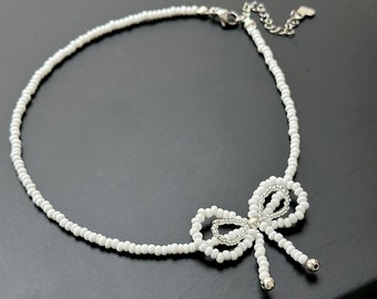 Bridal Bow Necklace, Beaded Bow Necklace, Choker With Bow, Bridal Accessories, Wedding Jewelry, Wedding Necklace