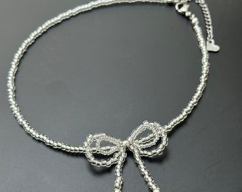 Beaded Bow Necklace, Bridal Bow Necklace, Beaded Choker With Bow, Bridal Accessories, Wedding Jewelry, Wedding Necklace