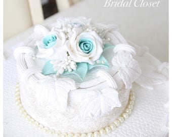 Flower Cake Topper, Wedding Cake Topper With Roses, Flower Wedding Cake Topper, Aqua Blue Topper, Floral Cake Decoration, Turquoise Topper