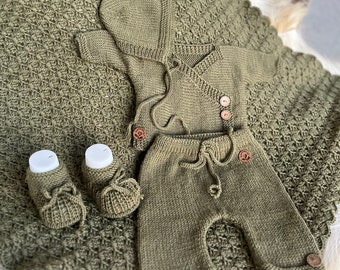 Newborn Boy Coming home outfit army green  gender neutral, heirloom baby clothing, layette set, Baby blanket, hospital outfit, new baby gift
