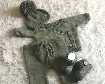 Baby Boy Coming home outfit, army green, gender neutral, Knitted Baby Clothes Sets, baby kimono set, hospital outfit, new baby gift,
